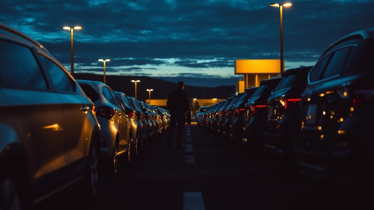 Cars24 et OpenAI : 1 million de minutes de conversation IA par mois 1 Rangée de voitures d'occasion vues de dos sur un parking de concession au crépuscule, silhouette d'un employé au loin.