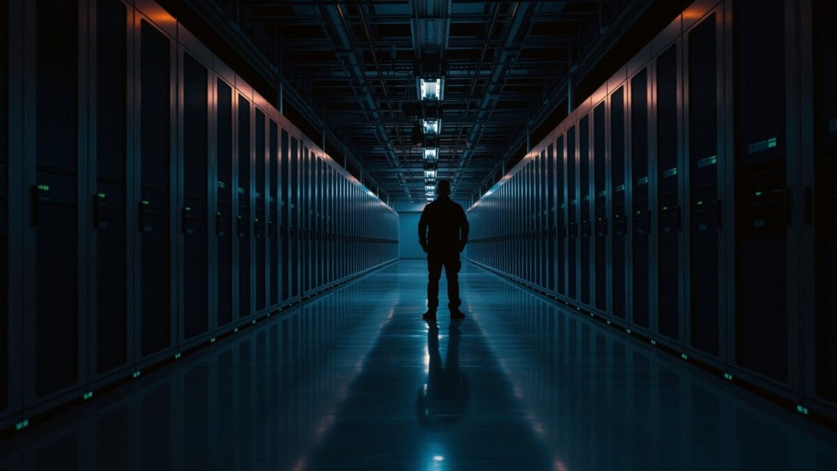 ChatGPT : +50% de messages quotidiens après six mois 1 Silhouette d'un technicien de dos dans une salle de serveurs institutionnelle au crépuscule.
