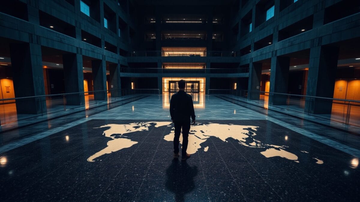 Atrium institutionnel vide au crépuscule avec une carte du monde en marbre au sol et une silhouette de dos.