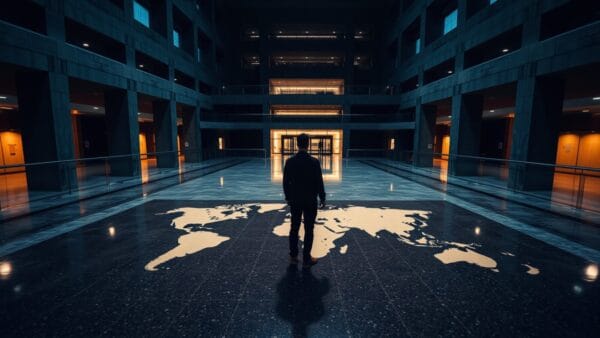 Atrium institutionnel vide au crépuscule avec une carte du monde en marbre au sol et une silhouette de dos.