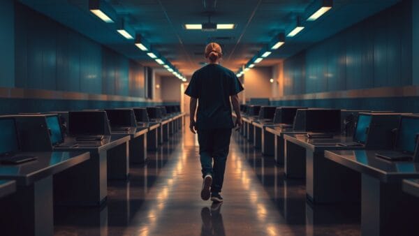 Une infirmière de dos dans un centre d'appels hospitalier désert au crépuscule.