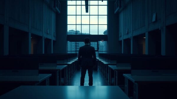 Bureau ouvert désert au crépuscule, silhouette d'un employé de dos près des baies vitrées.