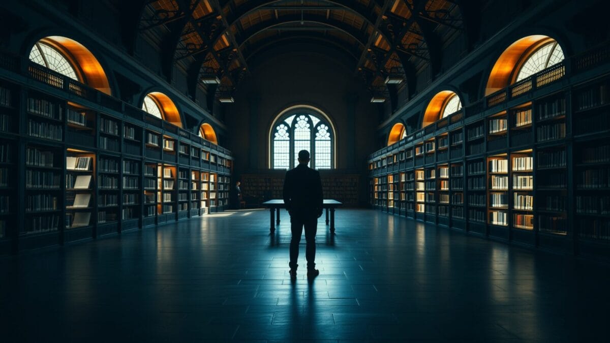 Current AI : 400 M$ pour bâtir une IA publique gratuite 1 Grande bibliothèque institutionnelle vide, une silhouette de dos au fond d'une allée.