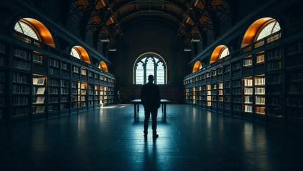 Grande bibliothèque institutionnelle vide, une silhouette de dos au fond d'une allée.