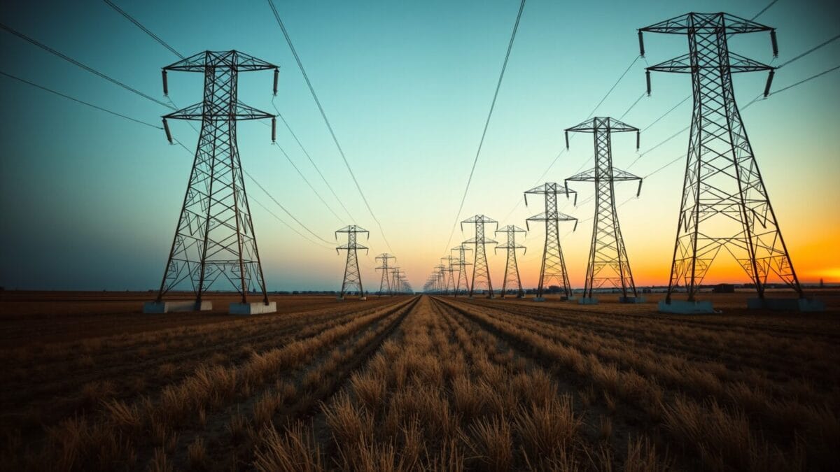 Data centers : l'eminent domain face à 70 % d'Américains hostiles 1 Pylônes électriques à haute tension traversant un champ rural vide au crépuscule.
