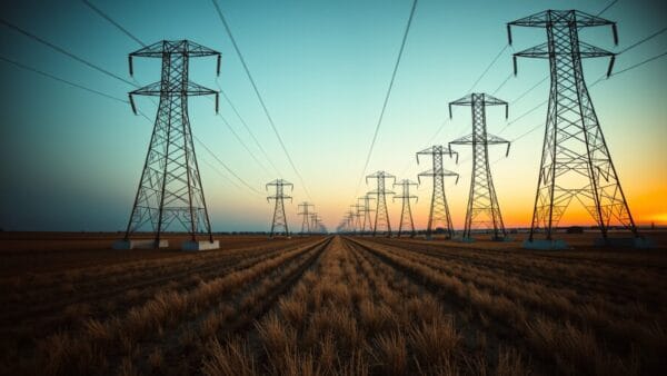 Pylônes électriques à haute tension traversant un champ rural vide au crépuscule.