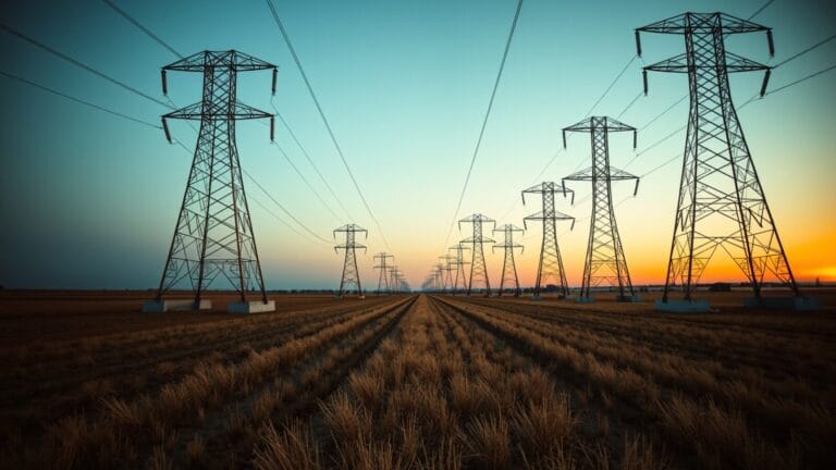 Data centers : l'eminent domain face à 70 % d'Américains hostiles 9 Pylônes électriques à haute tension traversant un champ rural vide au crépuscule.