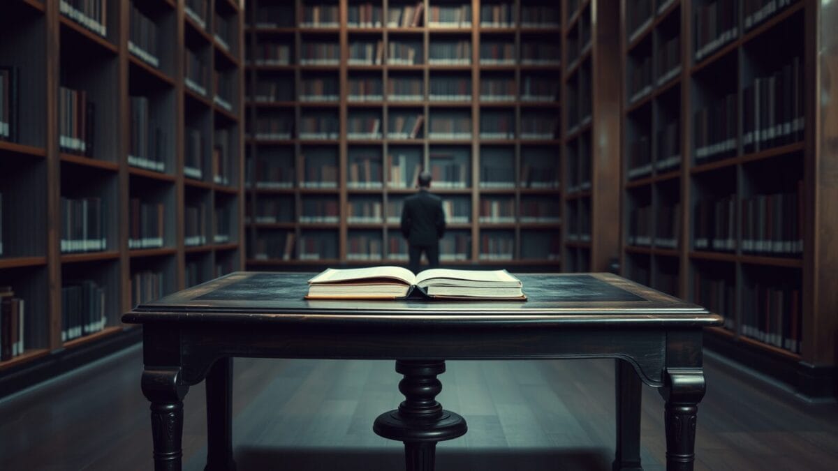 Fanfiction et IA : la guerre contre un fantôme numérique. 1 Un bureau d'écriture ancien dans une bibliothèque silencieuse, silhouette d'un lecteur de dos au loin entre les rayonnages.