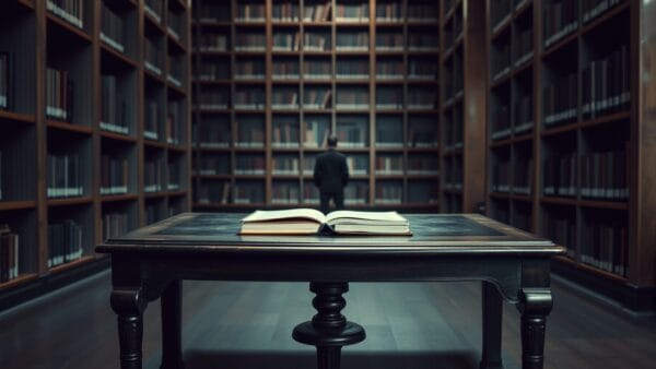Un bureau d'écriture ancien dans une bibliothèque silencieuse, silhouette d'un lecteur de dos au loin entre les rayonnages.