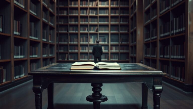Fanfiction et IA : la guerre contre un fantôme numérique. 10 Un bureau d'écriture ancien dans une bibliothèque silencieuse, silhouette d'un lecteur de dos au loin entre les rayonnages.
