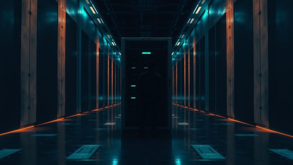 Baie de serveurs en acier dans un couloir de datacenter, silhouette d'un technicien de dos au loin.