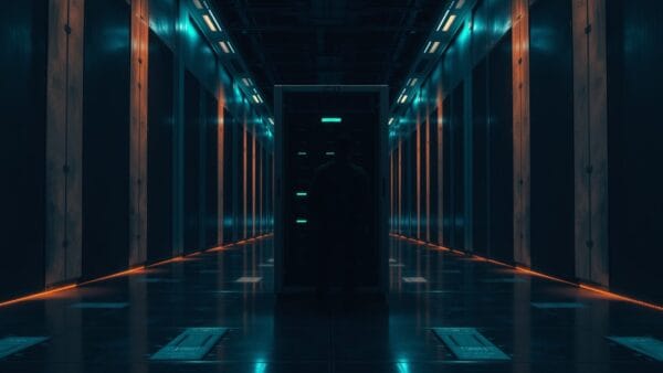 Baie de serveurs en acier dans un couloir de datacenter, silhouette d'un technicien de dos au loin.