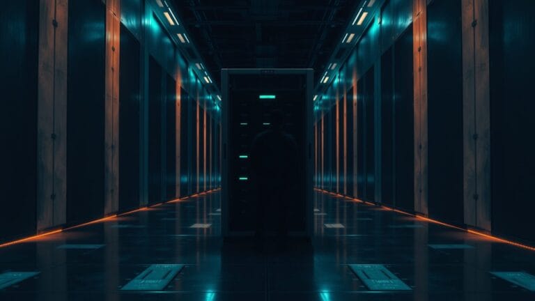 Baie de serveurs en acier dans un couloir de datacenter, silhouette d'un technicien de dos au loin.