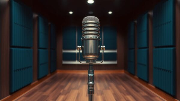 Micro de studio ancien seul dans une salle d'enregistrement institutionnelle vide, lumière tamisée bleutée.