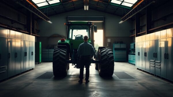 Un tracteur agricole dans un atelier de réparation vide, silhouette d'un mécanicien de dos au loin.