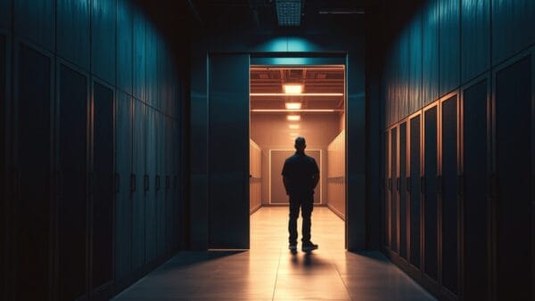 Porte entrouverte d'une salle serveurs sombre, silhouette d'un technicien de dos au fond du couloir.