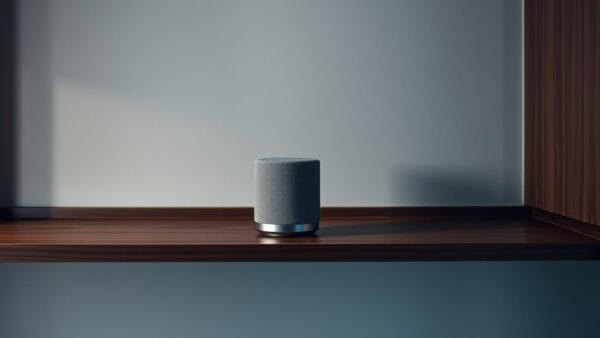 Enceinte connectée compacte posée seule sur une étagère de cuisine en bois sombre, mur béton.