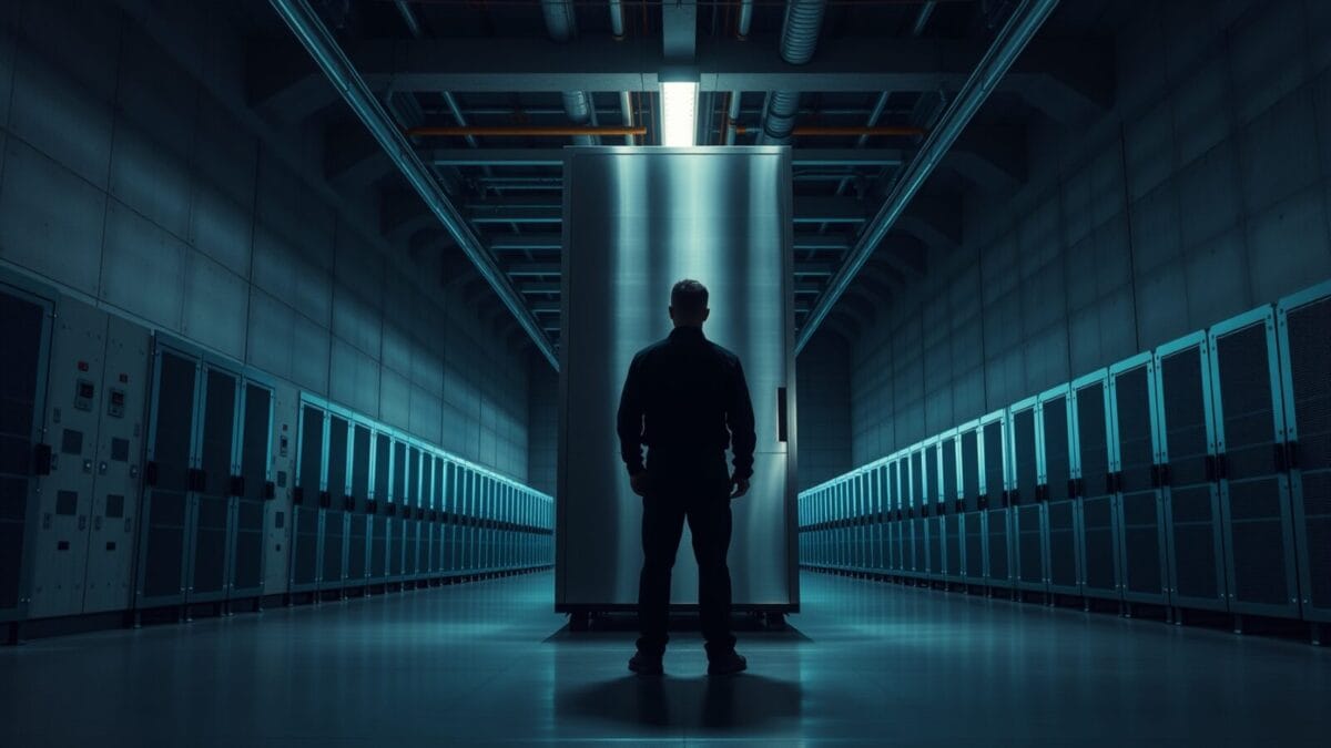 Silhouette de dos d'un technicien devant une baie de serveurs en acier dans une salle de données sombre.
