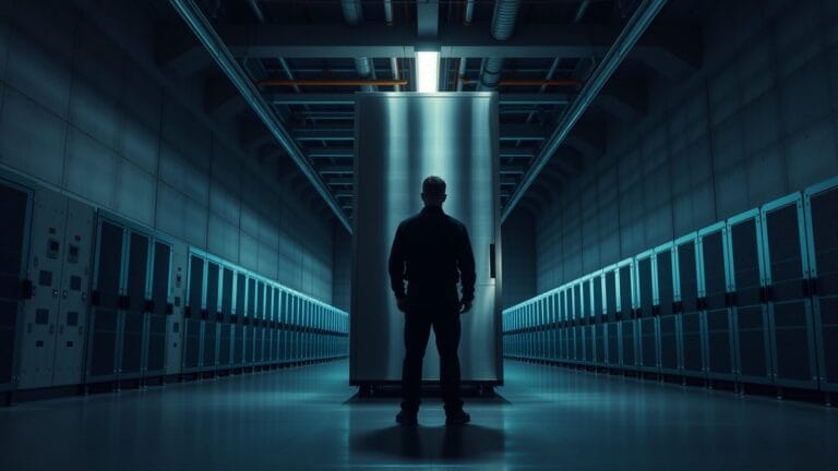 Google lance Gemini Flash Cyber : alternative moins chère à Mythos 1 Silhouette de dos d'un technicien devant une baie de serveurs en acier dans une salle de données sombre.