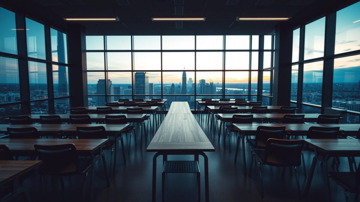 Google réunit 150 leaders de l'éducation IA à New York 1 Salle de classe vide aux baies vitrées dans une tour de bureaux au crépuscule.