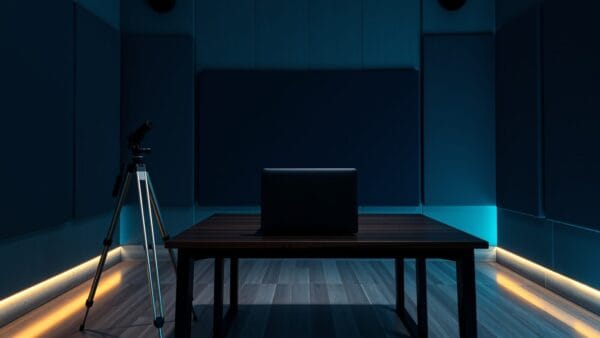 Studio vidéo vide au crépuscule, trépied métallique et ordinateur portable fermé sur un bureau sombre.