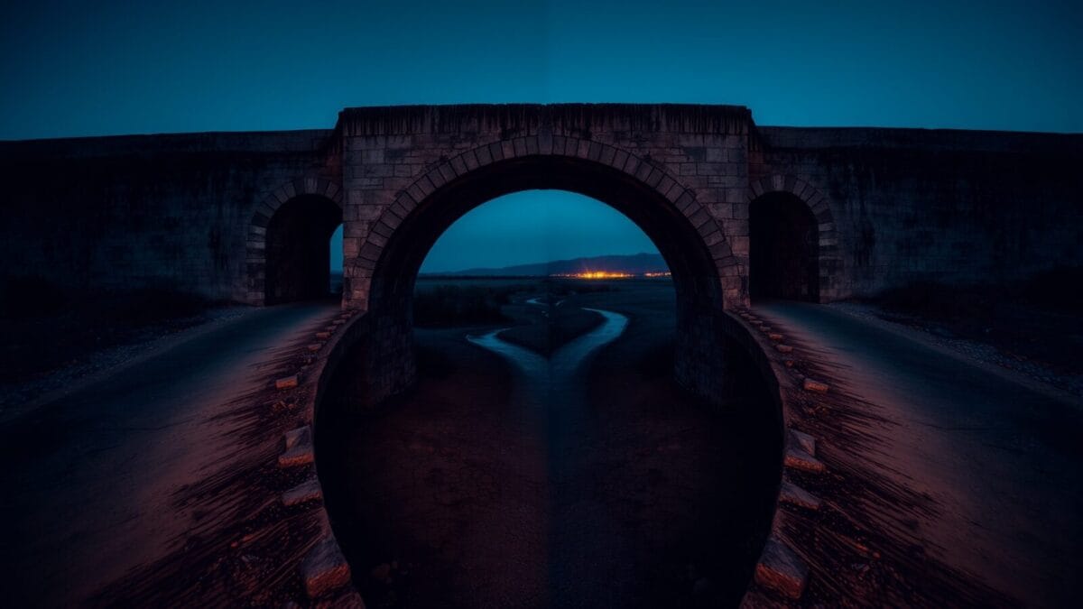 Un vieux pont de pierre se divisant en deux chemins au-dessus d'un lit de rivière asséché, au crépuscule.