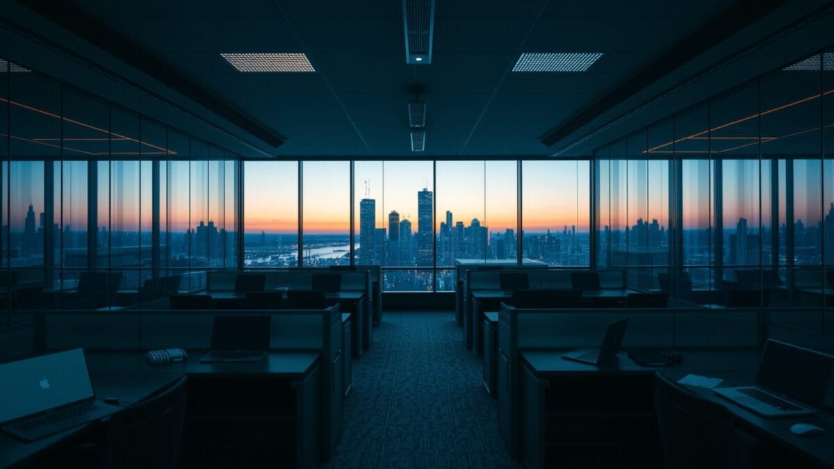 Bureau d'entreprise vide au crépuscule, ordinateurs portables fermés alignés sur des rangées de tables.