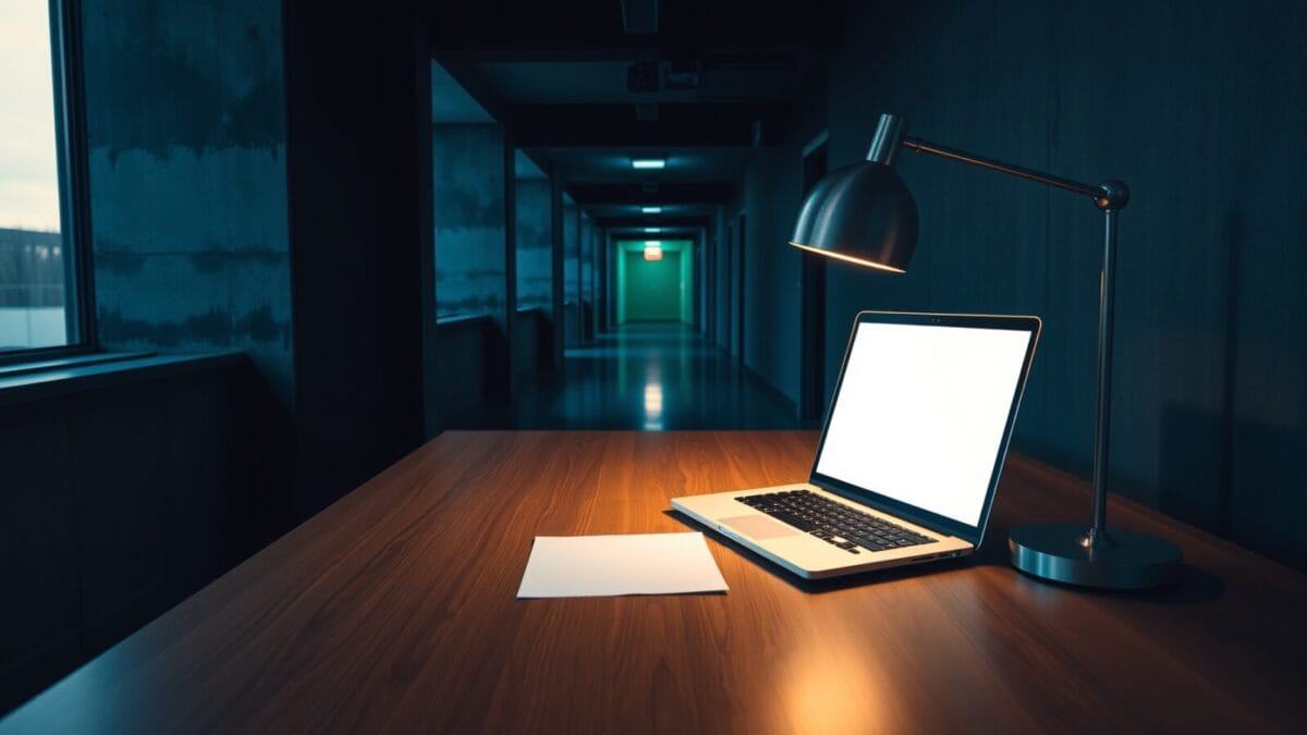 Bureau en bois épuré avec ordinateur portable fermé et lampe en acier, lumière tamisée au crépuscule.