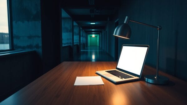 Bureau en bois épuré avec ordinateur portable fermé et lampe en acier, lumière tamisée au crépuscule.