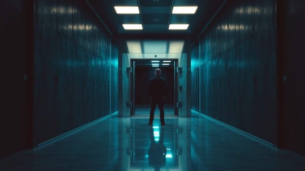 Lourde porte de coffre en acier entrouverte dans un couloir de serveurs, silhouette de technicien au loin.