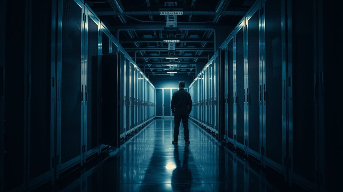 Couloir de baies serveurs en acier brossé, une porte entrouverte, silhouette de technicien de dos au loin.