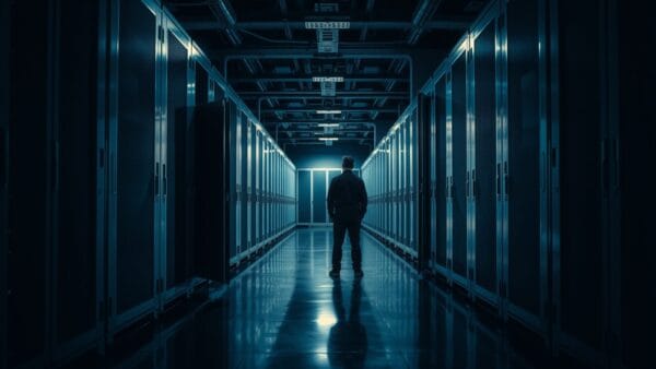 Couloir de baies serveurs en acier brossé, une porte entrouverte, silhouette de technicien de dos au loin.