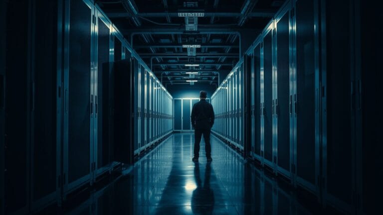 Couloir de baies serveurs en acier brossé, une porte entrouverte, silhouette de technicien de dos au loin.