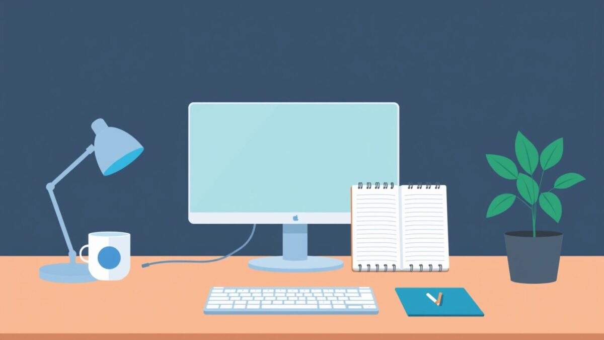 Le bureau télétravail boosté à l'IA : ce qui change vraiment le quotidien 1 Bureau de télétravail avec écran portable et carnet réutilisable