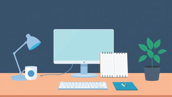 Bureau de télétravail avec écran portable et carnet réutilisable