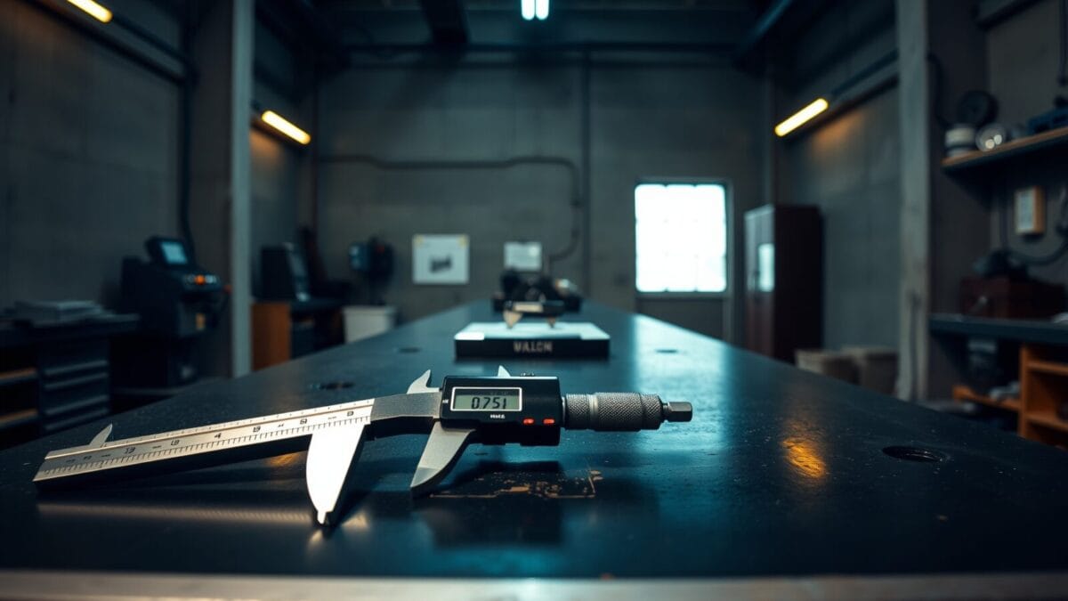 Instruments de mesure en acier brossé alignés sur un établi de précision dans un atelier sombre.