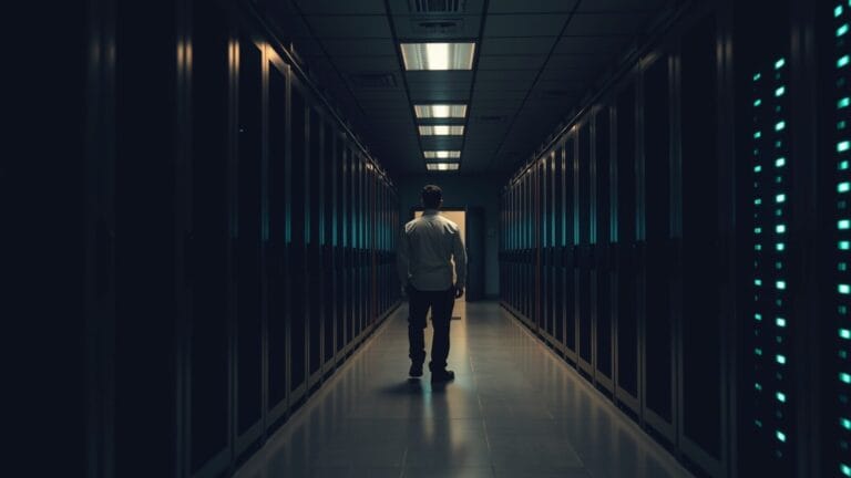 Silhouette d'un technicien de dos dans une salle serveurs sombre aux reflets verts.