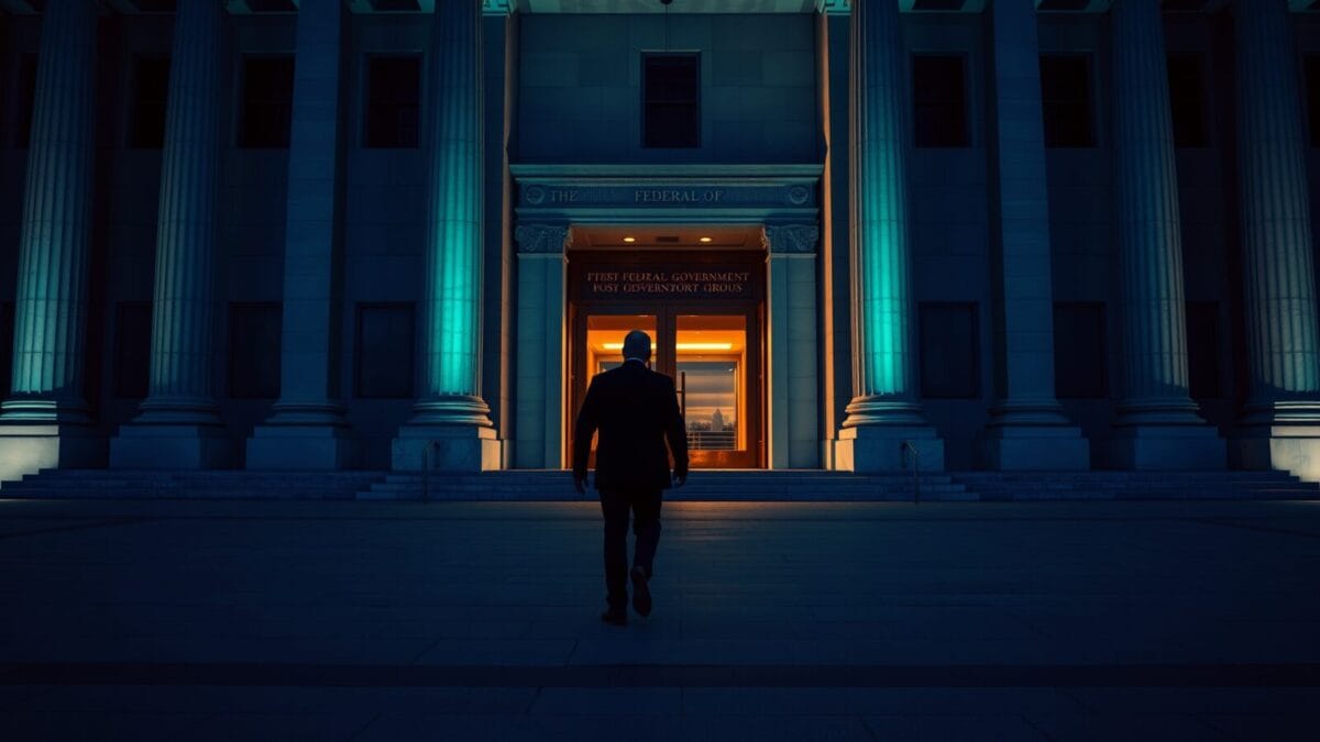 Façade d'un bâtiment fédéral au crépuscule, silhouette d'un responsable de dos traversant une esplanade vide.