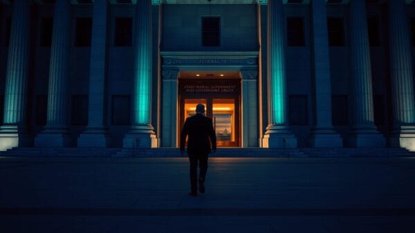 Façade d'un bâtiment fédéral au crépuscule, silhouette d'un responsable de dos traversant une esplanade vide.