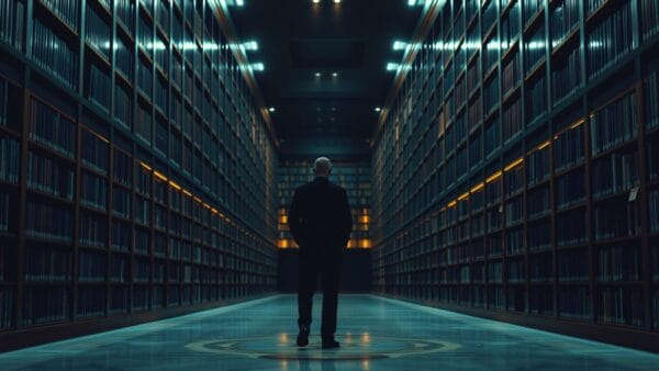 Grande bibliothèque institutionnelle silencieuse, une silhouette de lecteur de dos au loin dans l'allée centrale.