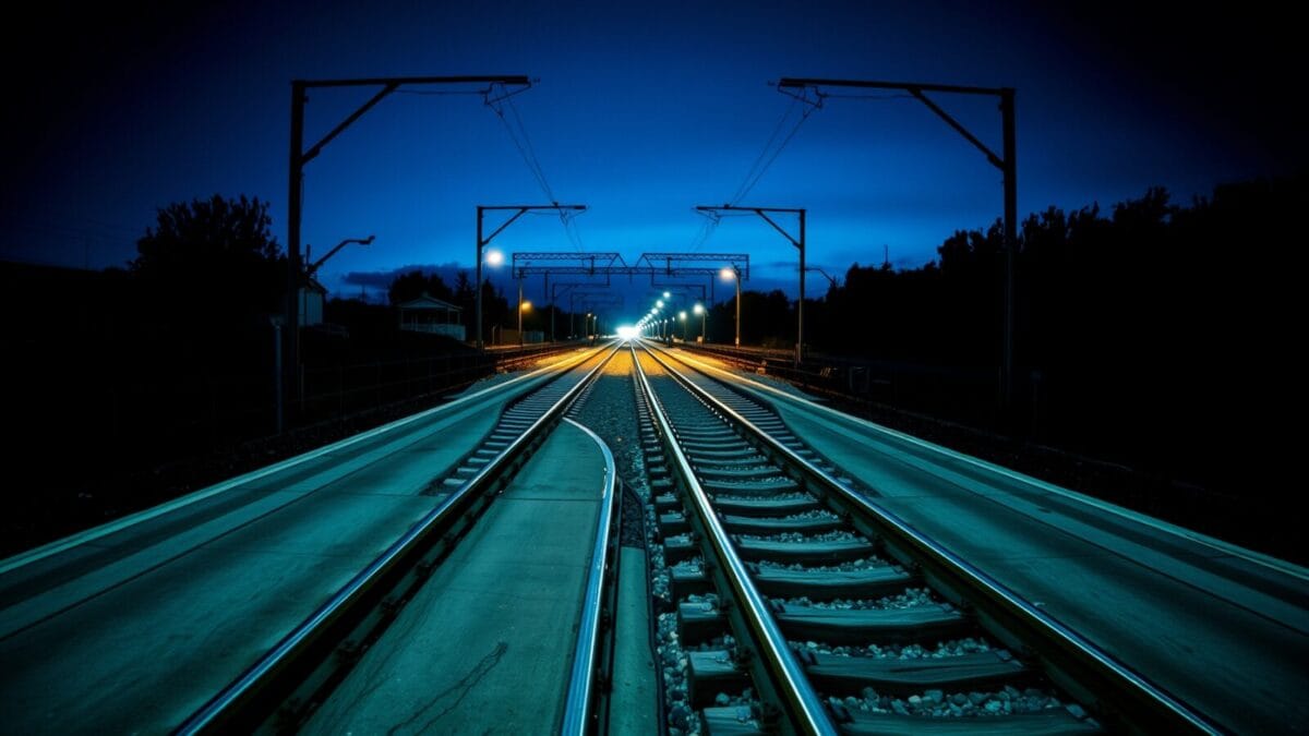 Une bifurcation de rails d'acier au crépuscule, une voie dans l'ombre, l'autre éclairée.