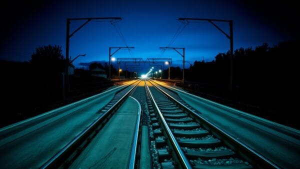 Une bifurcation de rails d'acier au crépuscule, une voie dans l'ombre, l'autre éclairée.