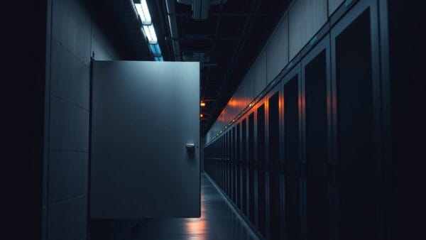 Porte d'une baie de serveurs entrouverte dans un centre de données sombre, voyants verts allumés.