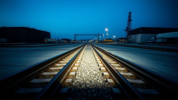 Une bifurcation de rails d'acier au crépuscule, une voie vers l'ombre, l'autre vers la lumière.