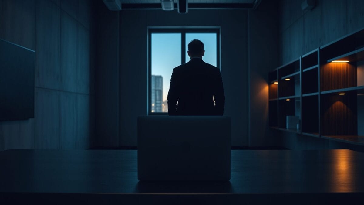 LLM burnout : Alec Scollon met un mot sur ma fatigue d'IA 1 Silhouette d'un travailleur de dos à la fenêtre d'un bureau vide au crépuscule, ordinateur portable fermé sur le bureau.