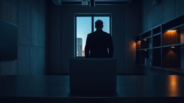 Silhouette d'un travailleur de dos à la fenêtre d'un bureau vide au crépuscule, ordinateur portable fermé sur le bureau.