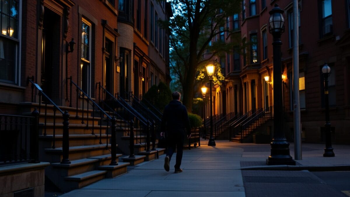 Mamdani : interdiction d'images IA pour annoncer les biens 1 Façades de brownstones new-yorkais au crépuscule, silhouette d'un passant de dos sur le trottoir.