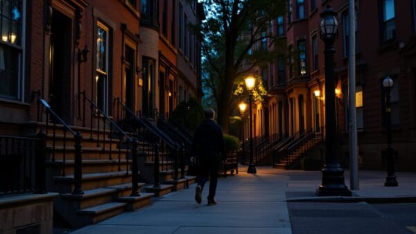 Façades de brownstones new-yorkais au crépuscule, silhouette d'un passant de dos sur le trottoir.