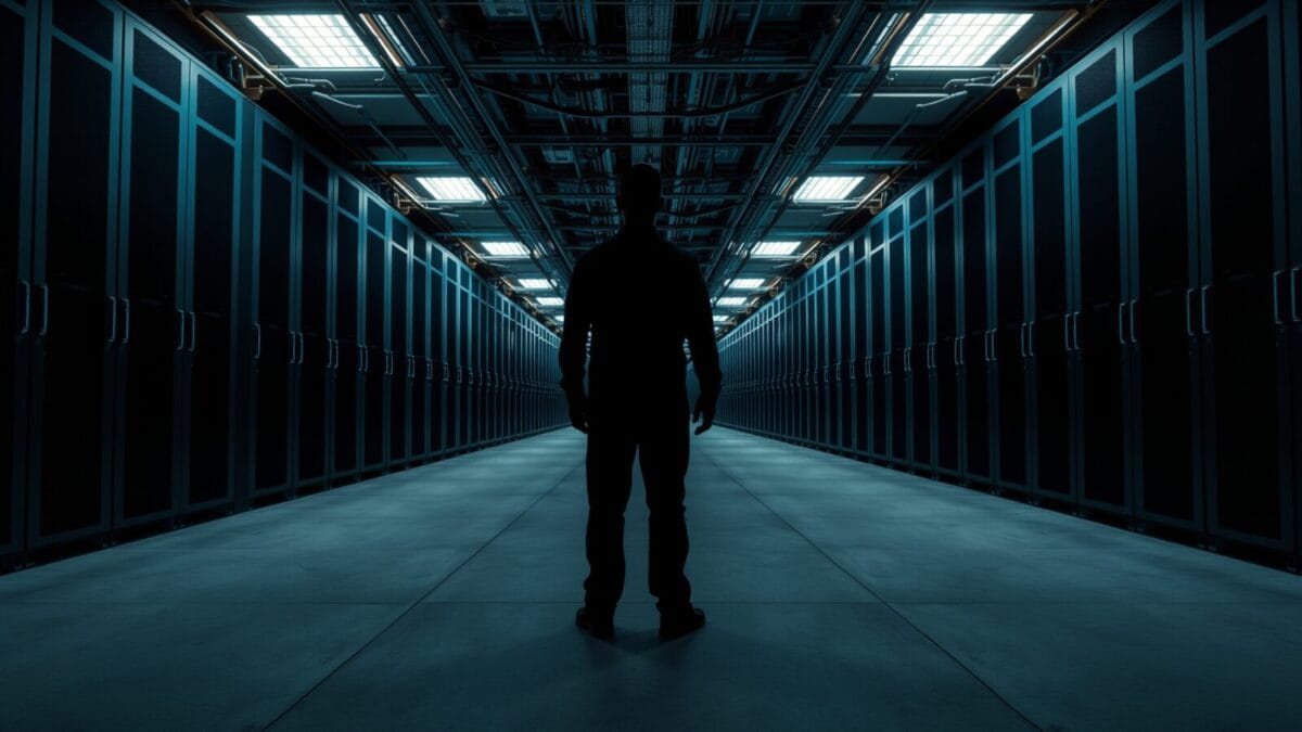 Mesh LLM : comment distribuer les modèles IA sans datacenter 1 Salle des machines aux baies d'acier, silhouette d'un technicien de dos au loin.
