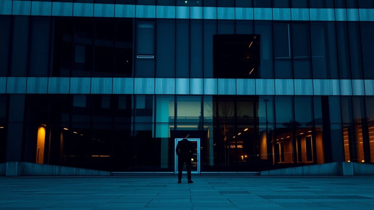 Façade d'entreprise en acier brossé au crépuscule, silhouette de dos traversant une place déserte.